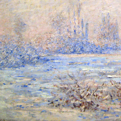 Hand-painted canvas featuring a pale winter riverside with frosted banks and distant trees.