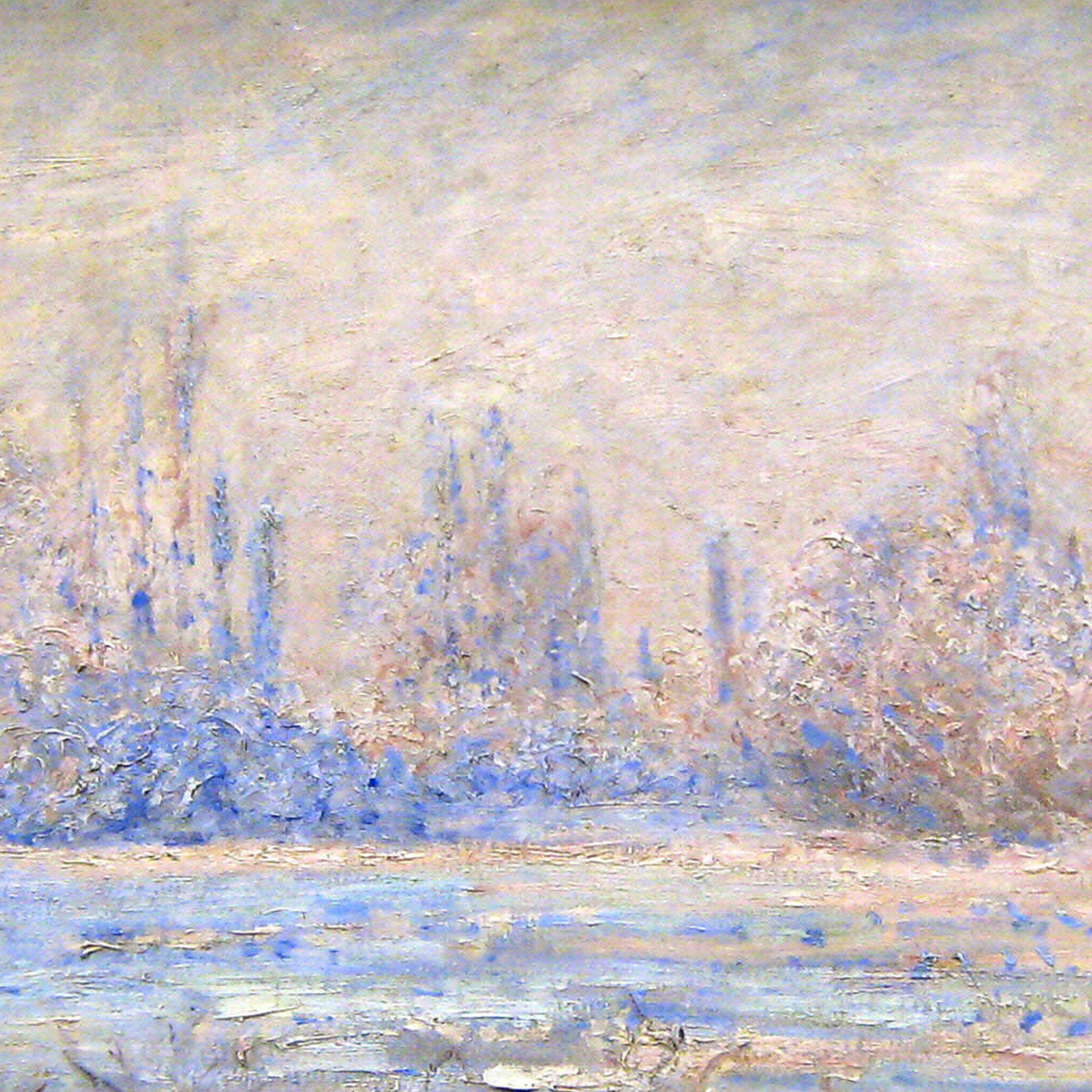 Hand-painted canvas featuring a pale winter riverside with frosted banks and distant trees.