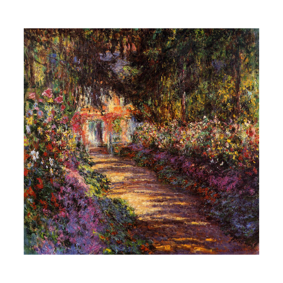 Hand-painted canvas featuring a sunlit garden path surrounded by dense foliage and colourful flowers.