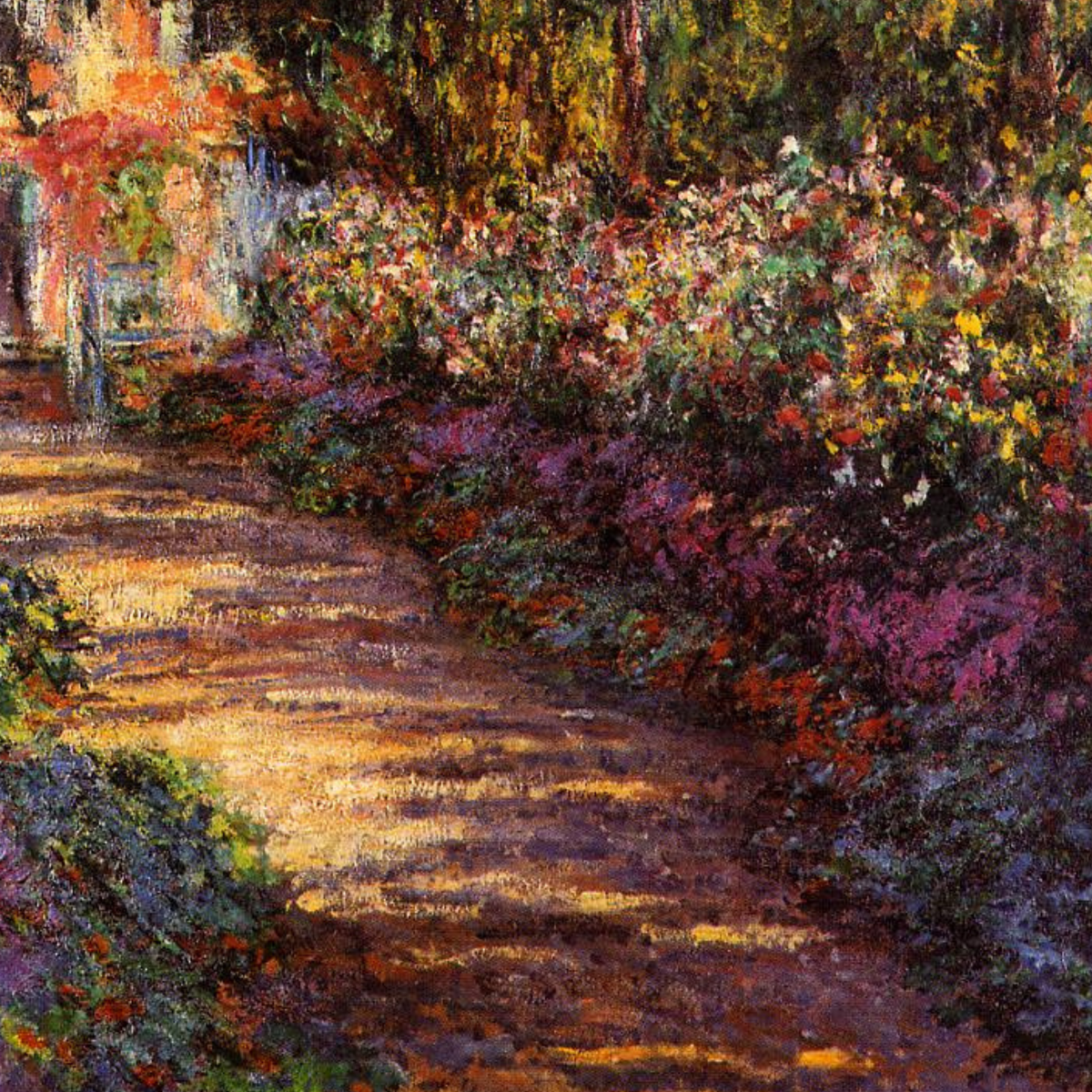 Hand-painted canvas featuring a sunlit garden path surrounded by dense foliage and colourful flowers.