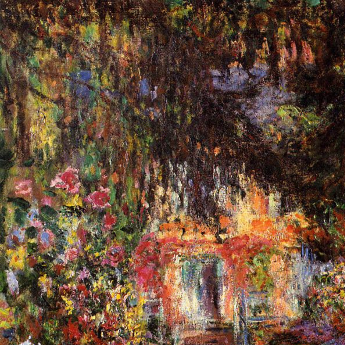 Hand-painted canvas featuring a sunlit garden path surrounded by dense foliage and colourful flowers.