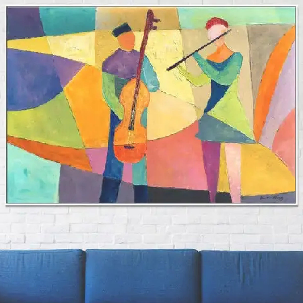 Room mockup. Two stylised musicians with an orange cello and a dark flute amid yellow, green, purple and turquoise geometric shapes.