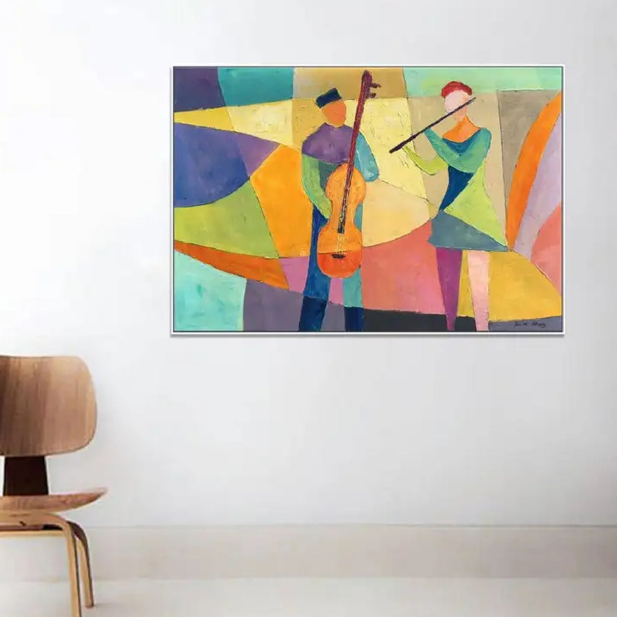 Room mockup. Two stylised musicians with an orange cello and a dark flute amid yellow, green, purple and turquoise geometric shapes.
