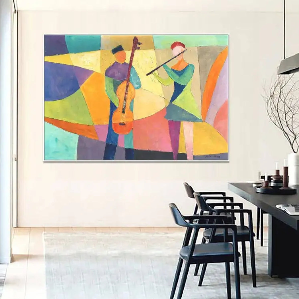 Room mockup. Two stylised musicians with an orange cello and a dark flute amid yellow, green, purple and turquoise geometric shapes.