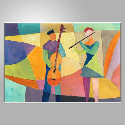 Two stylised musicians with an orange cello and a dark flute amid yellow, green, purple and turquoise geometric shapes.