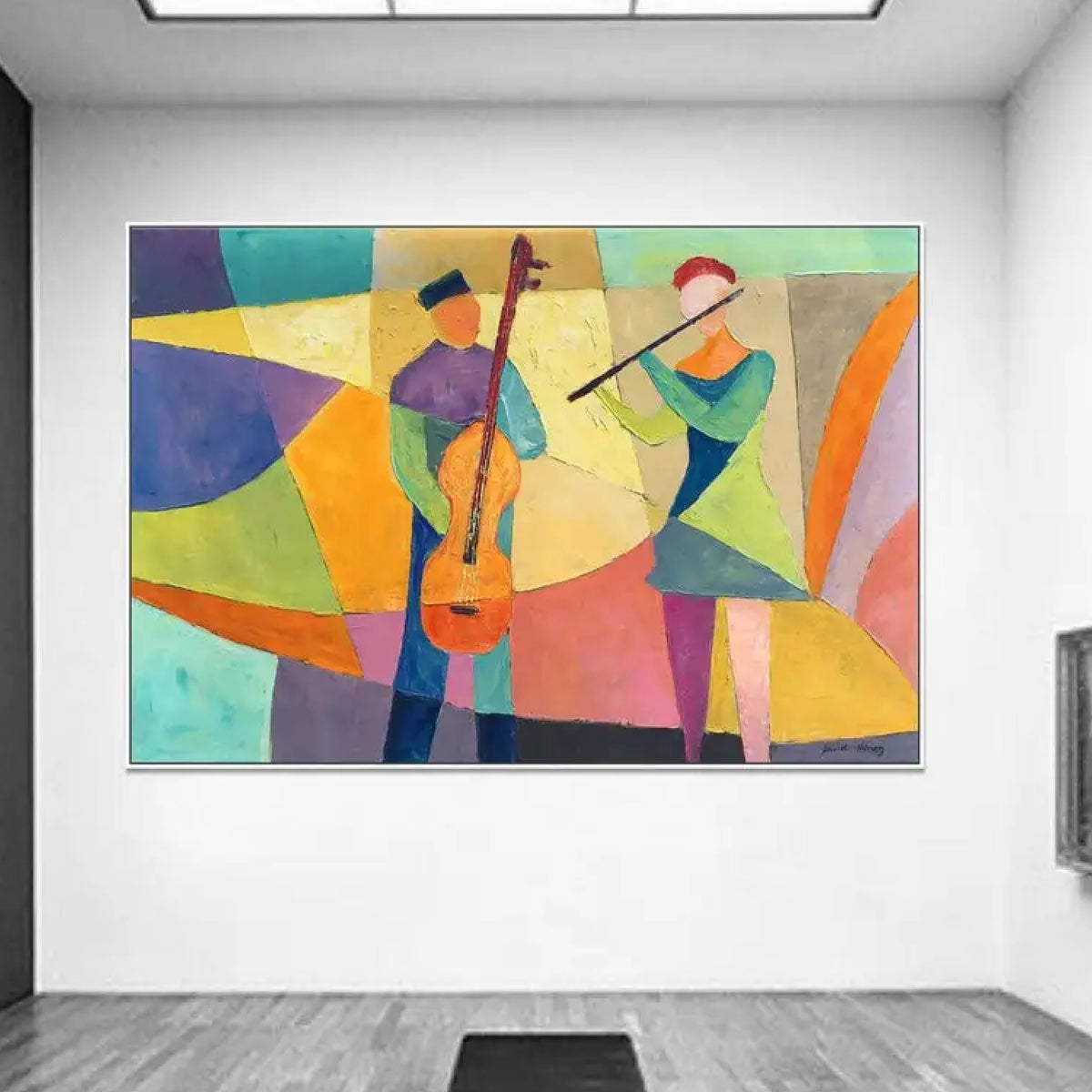 Room mockup. Two stylised musicians with an orange cello and a dark flute amid yellow, green, purple and turquoise geometric shapes.