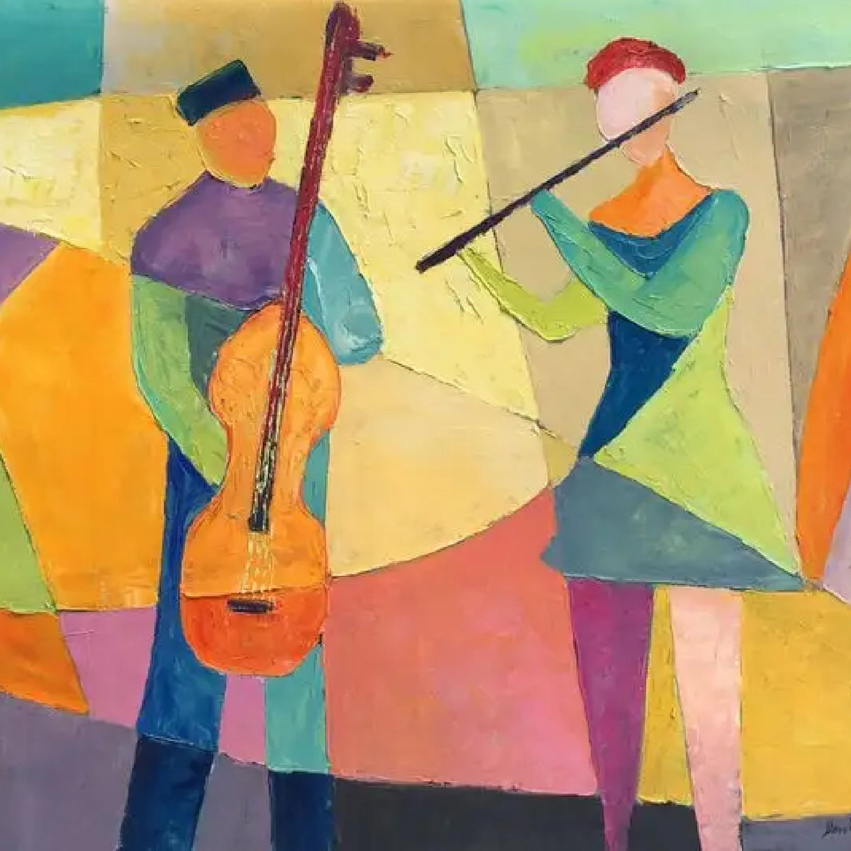 Close-up. Two stylised musicians with an orange cello and a dark flute amid yellow, green, purple and turquoise geometric shapes.