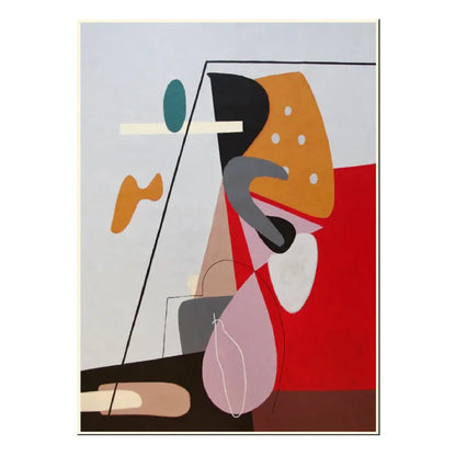 Pink leaf-like and grey curved forms overlap red, orange and brown geometric fields, crossed by fine black lines.