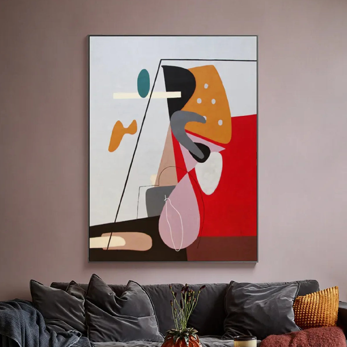 Room mockup. Pink leaf-like and grey curved forms overlap red, orange and brown geometric fields, crossed by fine black lines.