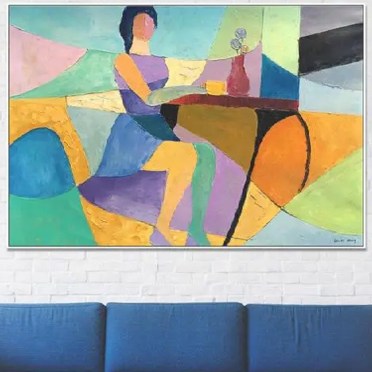 Room mockup. A stylised seated woman beside a table with a cup and flower vase, amid turquoise, yellow, orange and purple shapes.