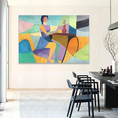 Room mockup. A stylised seated woman beside a table with a cup and flower vase, amid turquoise, yellow, orange and purple shapes.