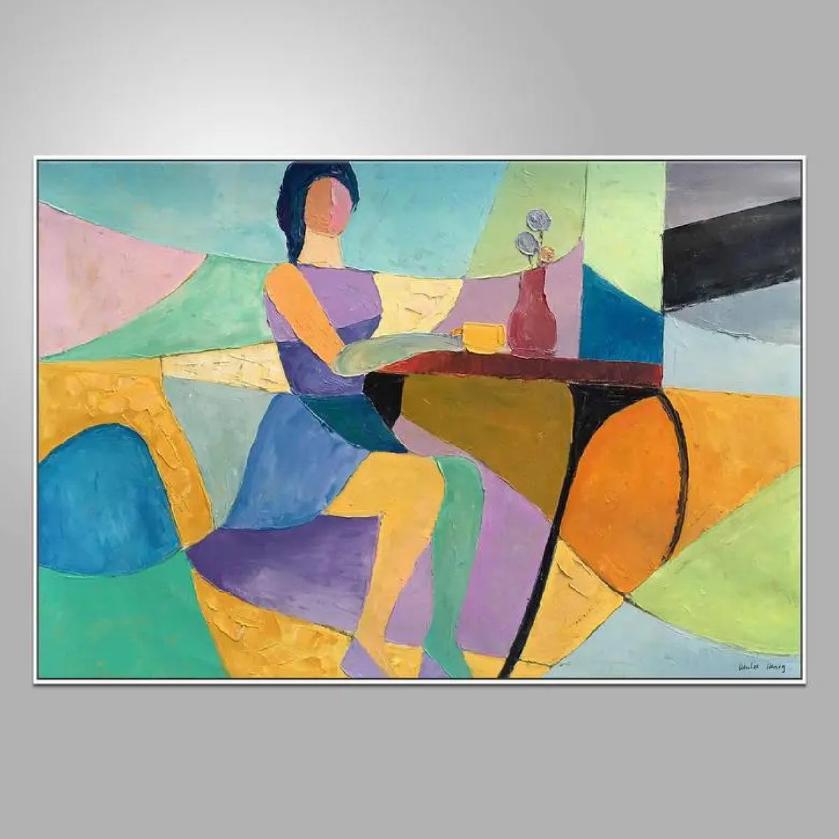 A stylised seated woman beside a table with a cup and flower vase, amid turquoise, yellow, orange and purple shapes.