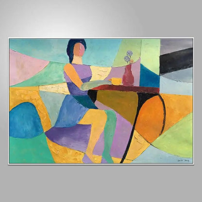 A stylised seated woman beside a table with a cup and flower vase, amid turquoise, yellow, orange and purple shapes.
