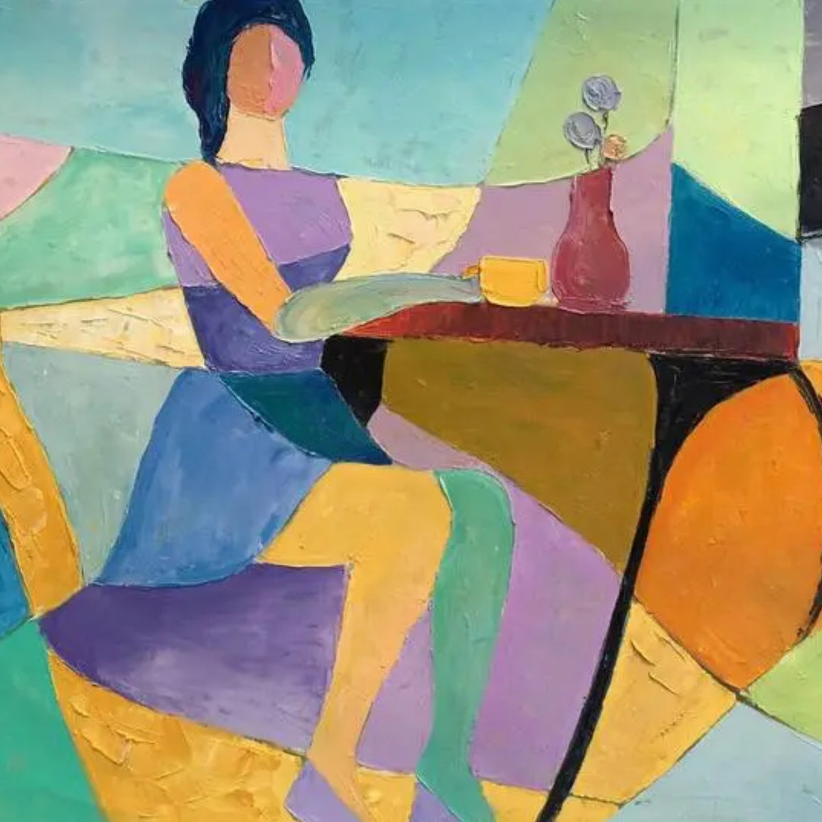 Close-up. A stylised seated woman beside a table with a cup and flower vase, amid turquoise, yellow, orange and purple shapes.