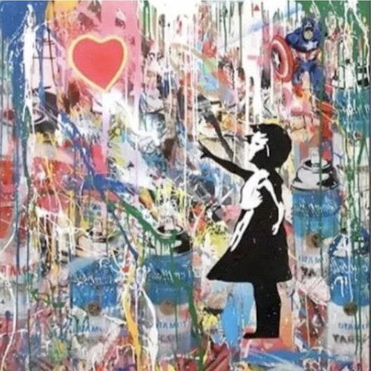 A black-and-white girl reaches toward a red heart balloon over dense colourful graffiti marks and white drips.