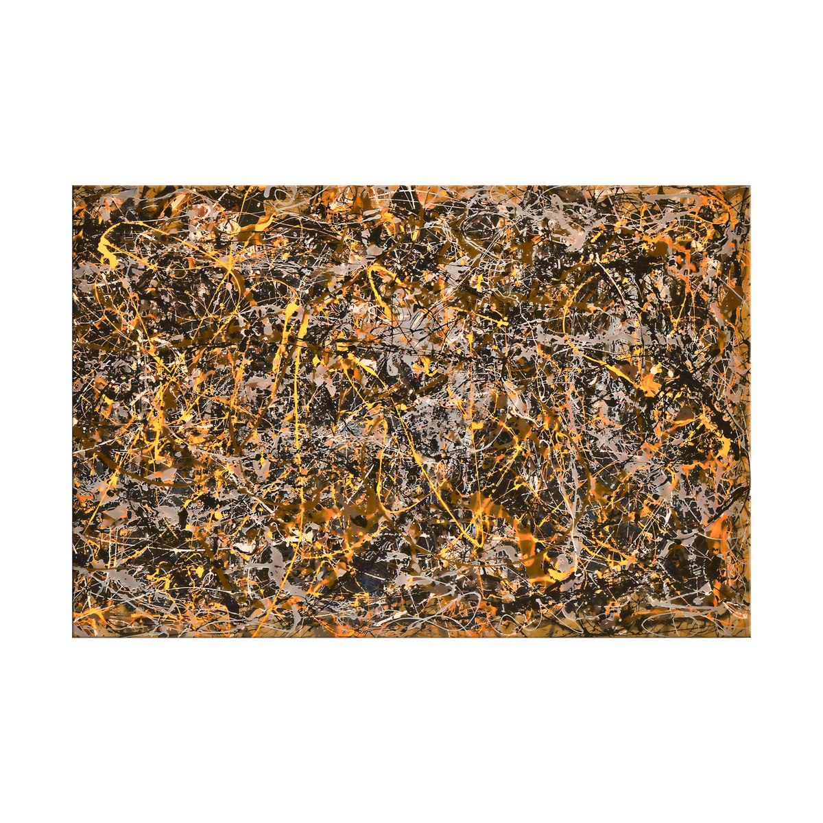 Hand-painted canvas showing gold and white splashes criss-crossing a textured black and grey ground.