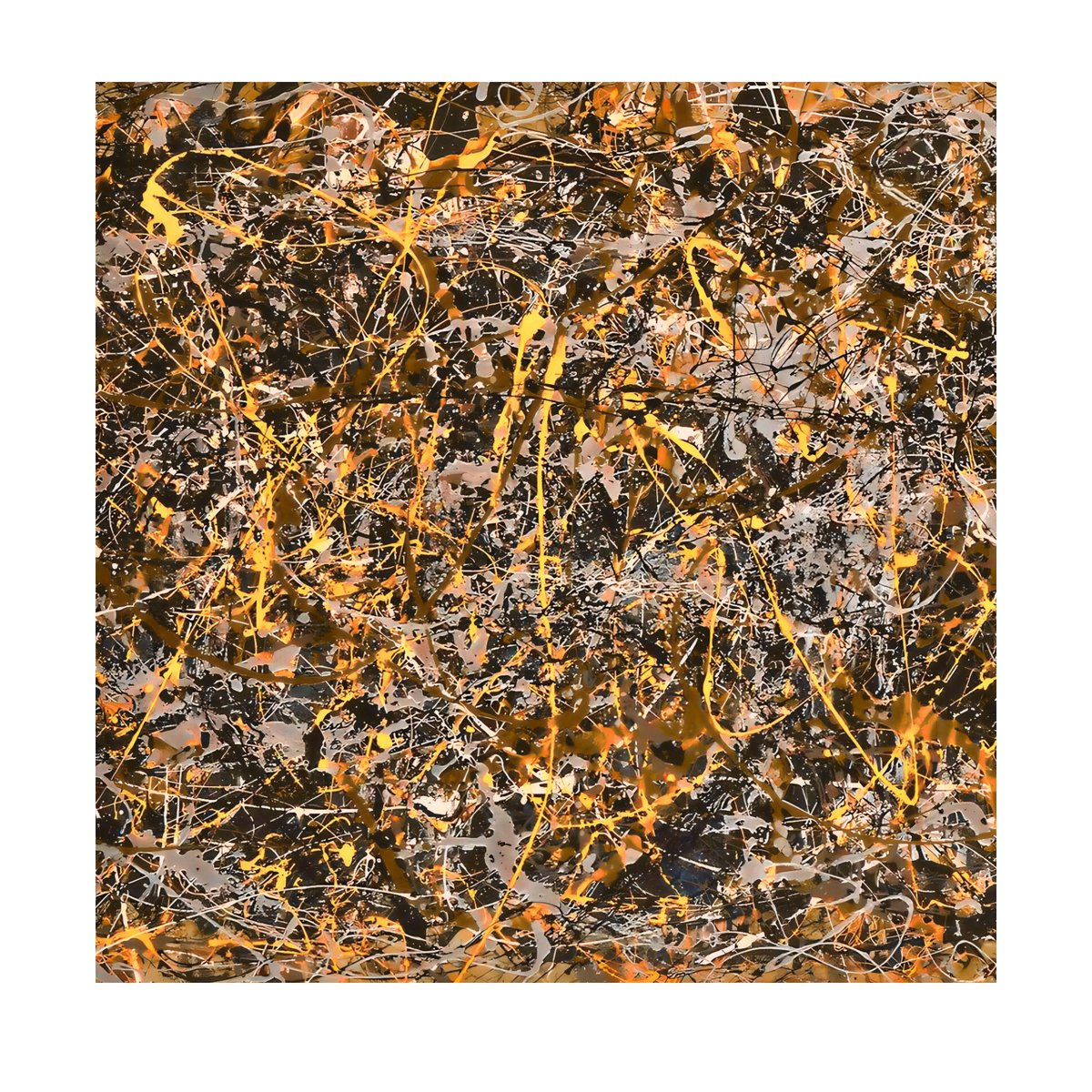 Square crop showing gold and white splashes criss-crossing a textured black and grey ground.