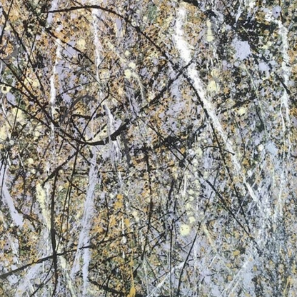 Detail of gold, black and white trails layered over a grey-toned ground.