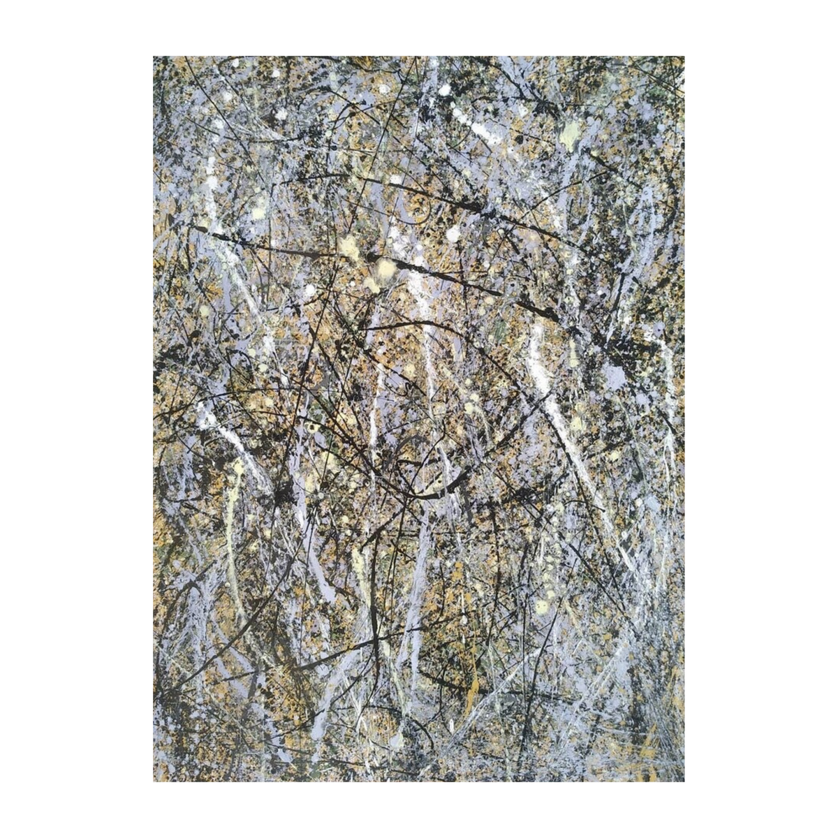 Hand-painted canvas showing gold, black and white trails layered over a grey-toned ground.