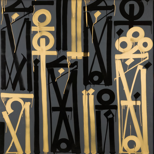 Close-up of gold-coloured and black geometric symbols and stylised letterforms over a charcoal grey background.