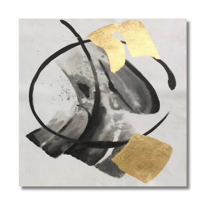 Gold Leaf and Black Minimalist Abstract Painting – Modern Brushstroke Wall Art on Canvas
