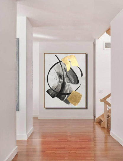 Gold Leaf and Black Minimalist Abstract Painting – Modern Brushstroke Wall Art on Canvas