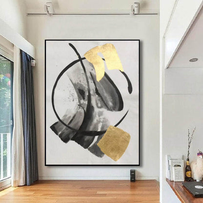 Gold Leaf and Black Minimalist Abstract Painting – Modern Brushstroke Wall Art on Canvas