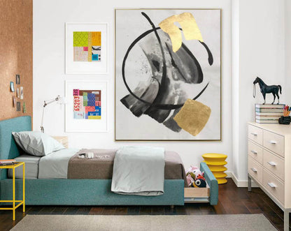 Gold Leaf and Black Minimalist Abstract Painting – Modern Brushstroke Wall Art on Canvas