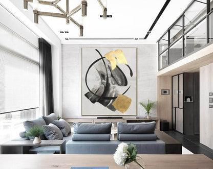Gold Leaf and Black Minimalist Abstract Painting – Modern Brushstroke Wall Art on Canvas