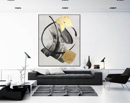 Gold Leaf and Black Minimalist Abstract Painting – Modern Brushstroke Wall Art on Canvas