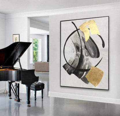 Gold Leaf and Black Minimalist Abstract Painting – Modern Brushstroke Wall Art on Canvas