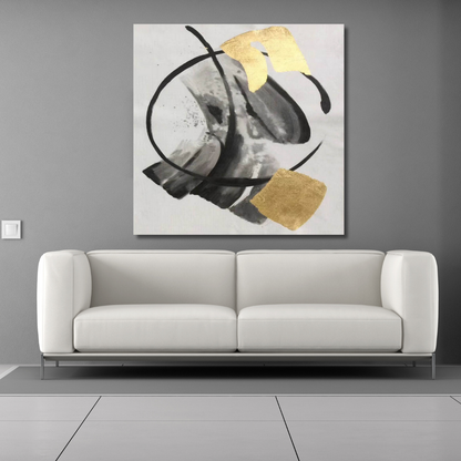 Gold Leaf and Black Minimalist Abstract Painting – Modern Brushstroke Wall Art on Canvas