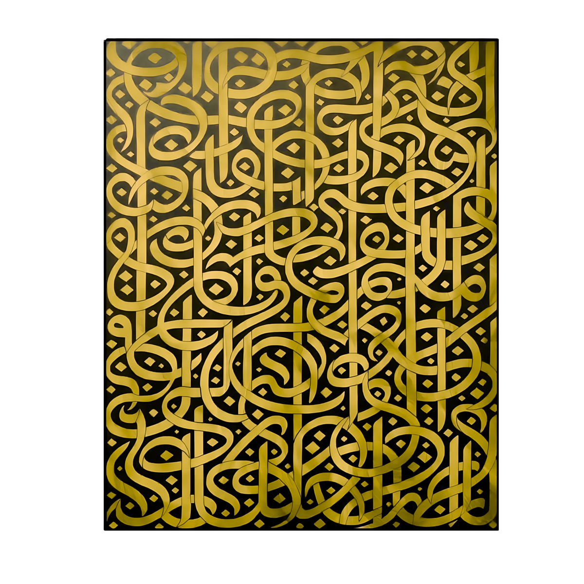 Gold-toned looping calligraphic forms across a black background.