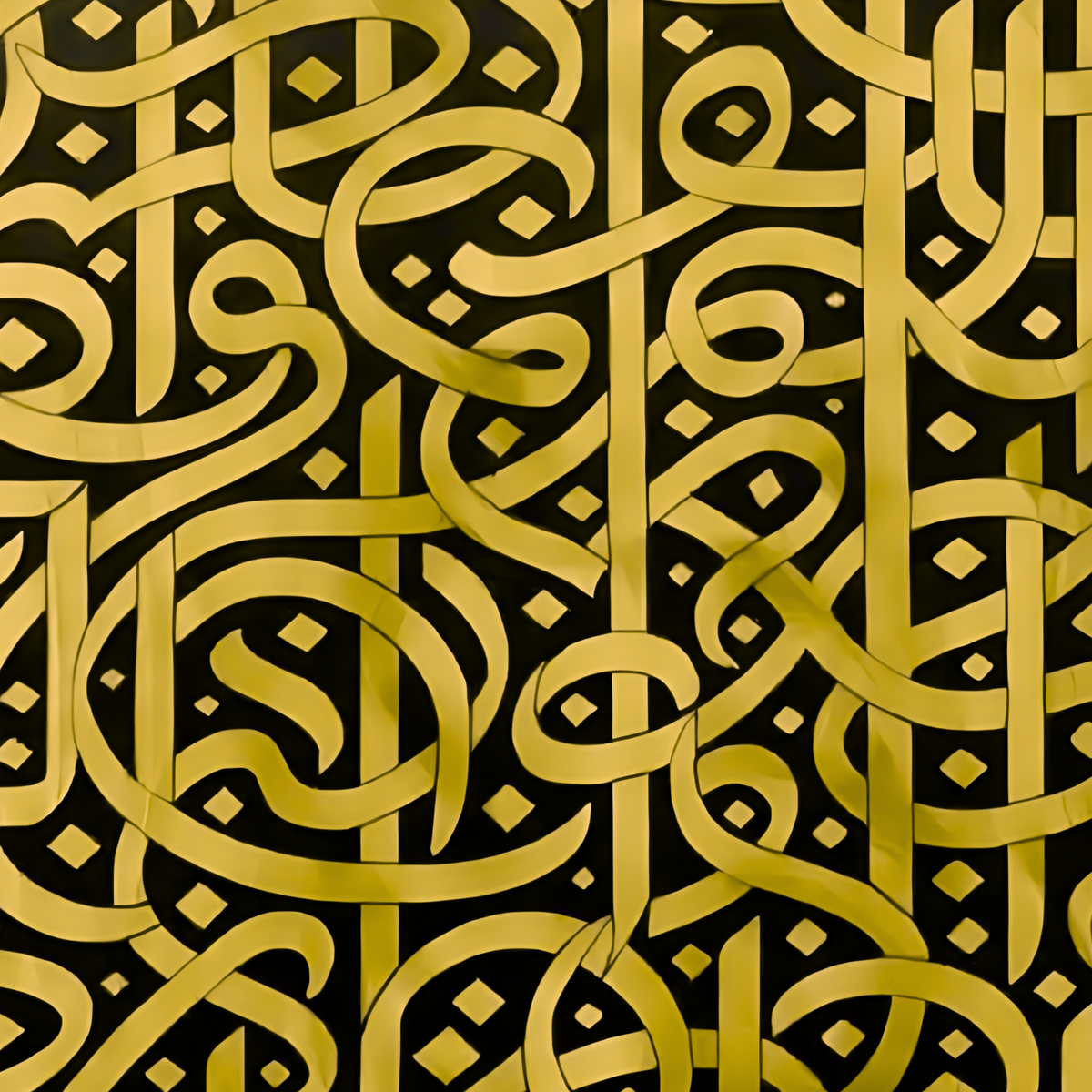 Close-up of interwoven gold-toned letterforms and black negative space.