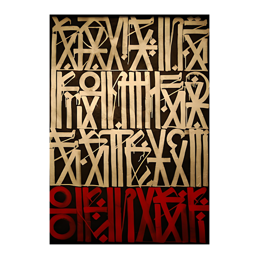 Artwork showing gold-coloured geometric glyphs on black above a red band of symbols.