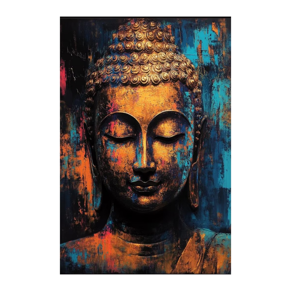 Gold and copper-orange Buddha face against textured blue and black brushwork.