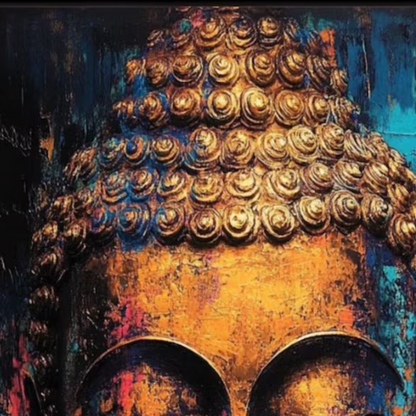 Close-up of curled hair and gold-toned details on the Buddha’s head.