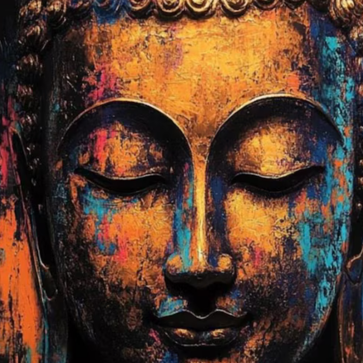 Detail of the Buddha’s closed eyes and gold-orange face.