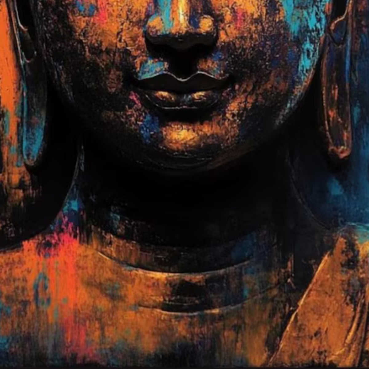Close-up of the lower face and neck against deep blue and orange textures.
