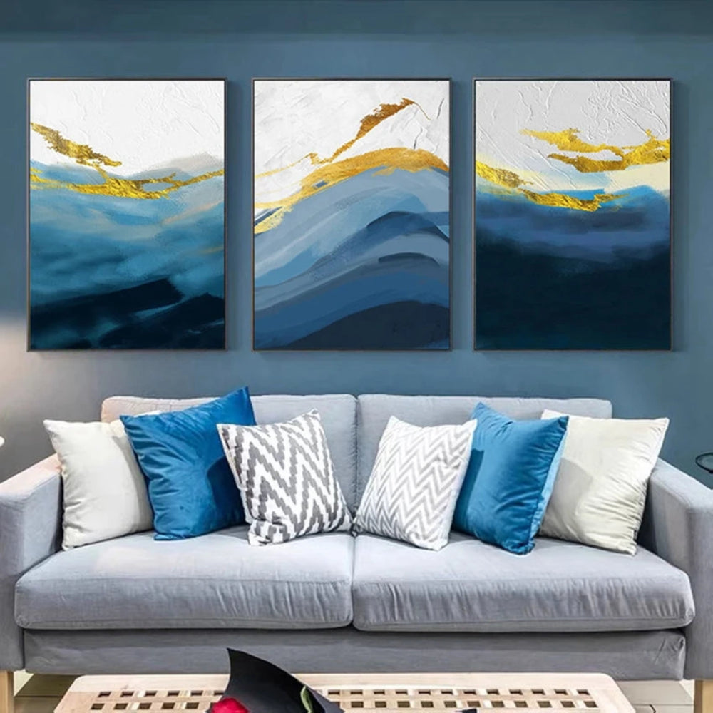 Blue Abstract Set Gold Blue Waves Abstract Set of 3 Wall Decor Painting – My Modern Art