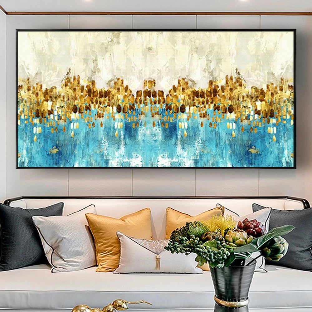 Room mockup showing dense gold-coloured and brown abstract forms along a horizontal band reflected in bright turquoise below a pale sky.