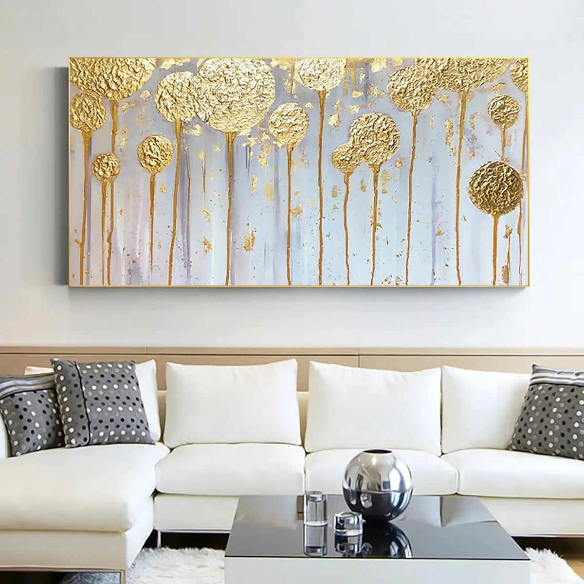 Room mockup showing round gold-coloured textured flower heads on long thin stems against pale grey and lavender vertical fields.