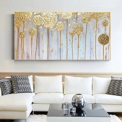 Room mockup showing round gold-coloured textured flower heads on long thin stems against pale grey and lavender vertical fields.
