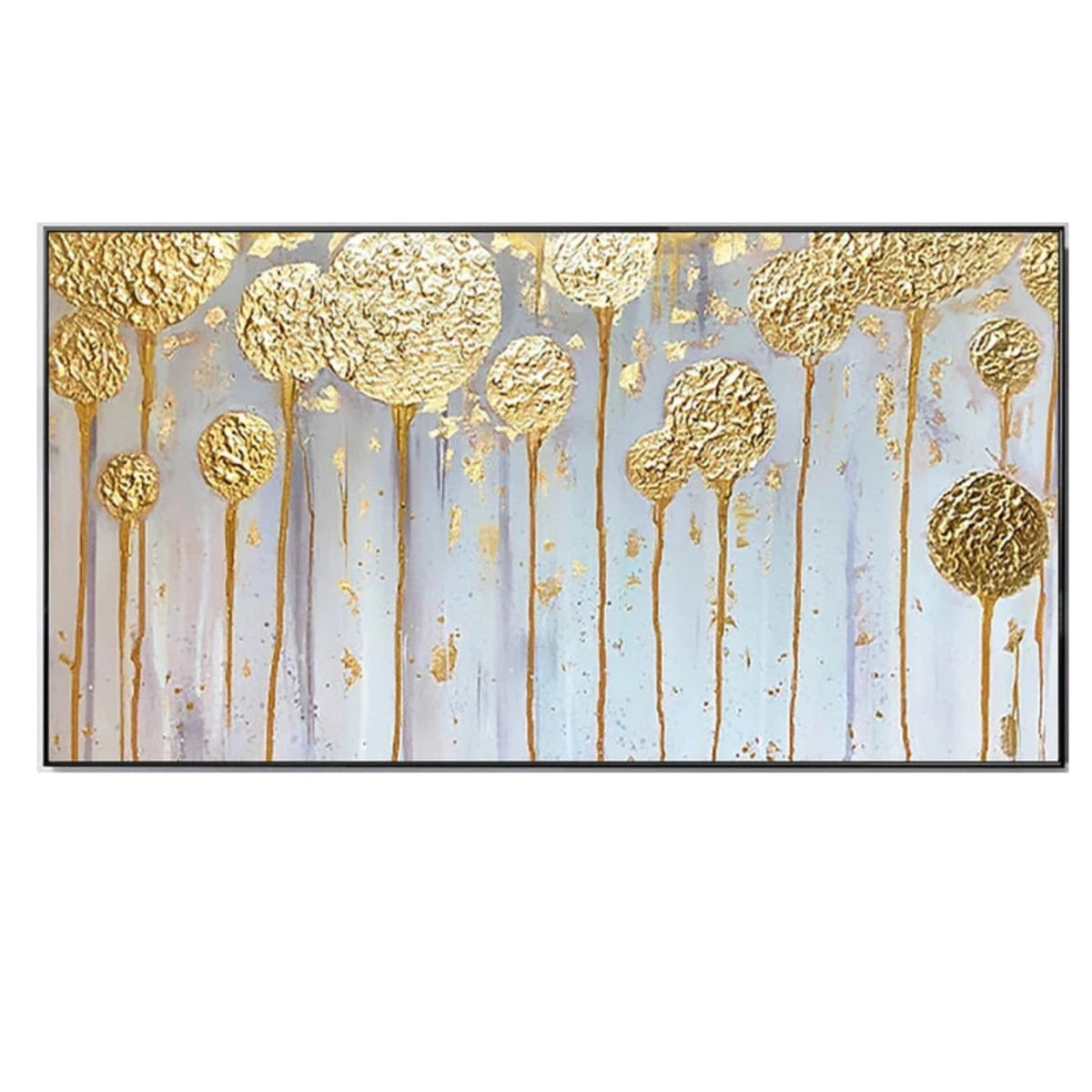 Round gold-coloured textured flower heads on long thin stems against pale grey and lavender vertical fields.