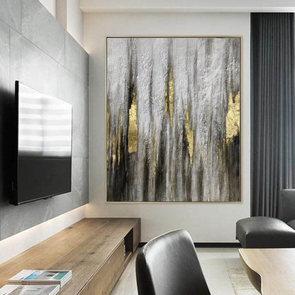 Gold & Grey Textured Abstract Wall Art – Hand-Painted Canvas with Metallic Accents