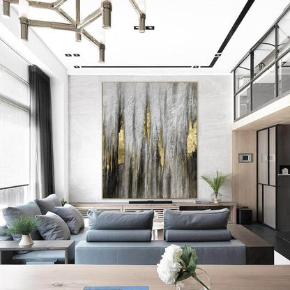Gold & Grey Textured Abstract Wall Art – Hand-Painted Canvas with Metallic Accents