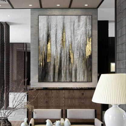 Gold & Grey Textured Abstract Wall Art – Hand-Painted Canvas with Metallic Accents