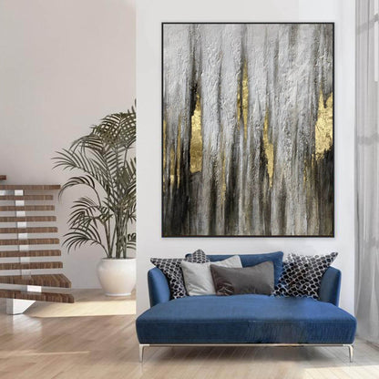 Gold & Grey Textured Abstract Wall Art – Hand-Painted Canvas with Metallic Accents