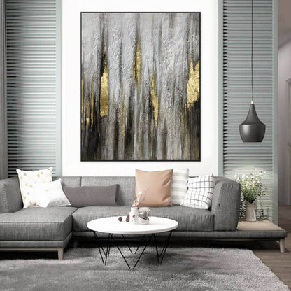 Gold & Grey Textured Abstract Wall Art – Hand-Painted Canvas with Metallic Accents