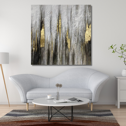 Gold & Grey Textured Abstract Wall Art – Hand-Painted Canvas with Metallic Accents